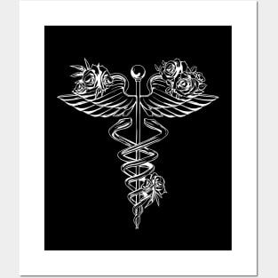 Caduceus Art Medical, medical illustration art, floral caduceus stickers, medical symbol Posters and Art